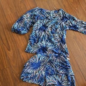 Blue and White Patterned Top and Shorts Set